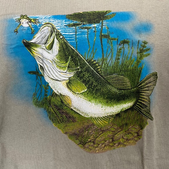 Vintage Tultex Green Bass Fish Frog Graphic Tee 100% Cotton 90s Size Large - Picture 2 of 4